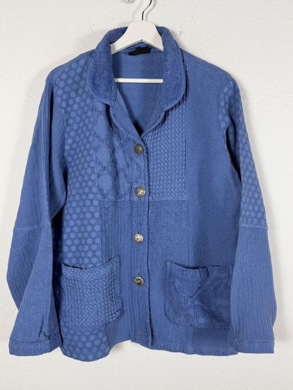 Nannette Keller Womens Large Blue Mixed Texture Patchwork Jacket 100% Cotton USA